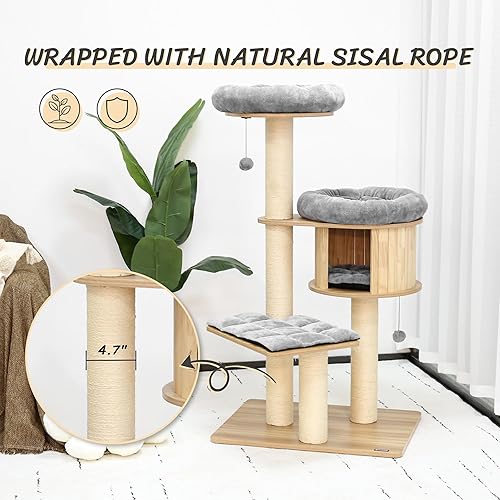 Miniatura 4 de KAMABOKO Árbol moderno para gatos de 58.6 pulgadas, árbol de madera para gatos con postes rascadores de sisal grandes de 4.7 pulgadas de diámetro,
