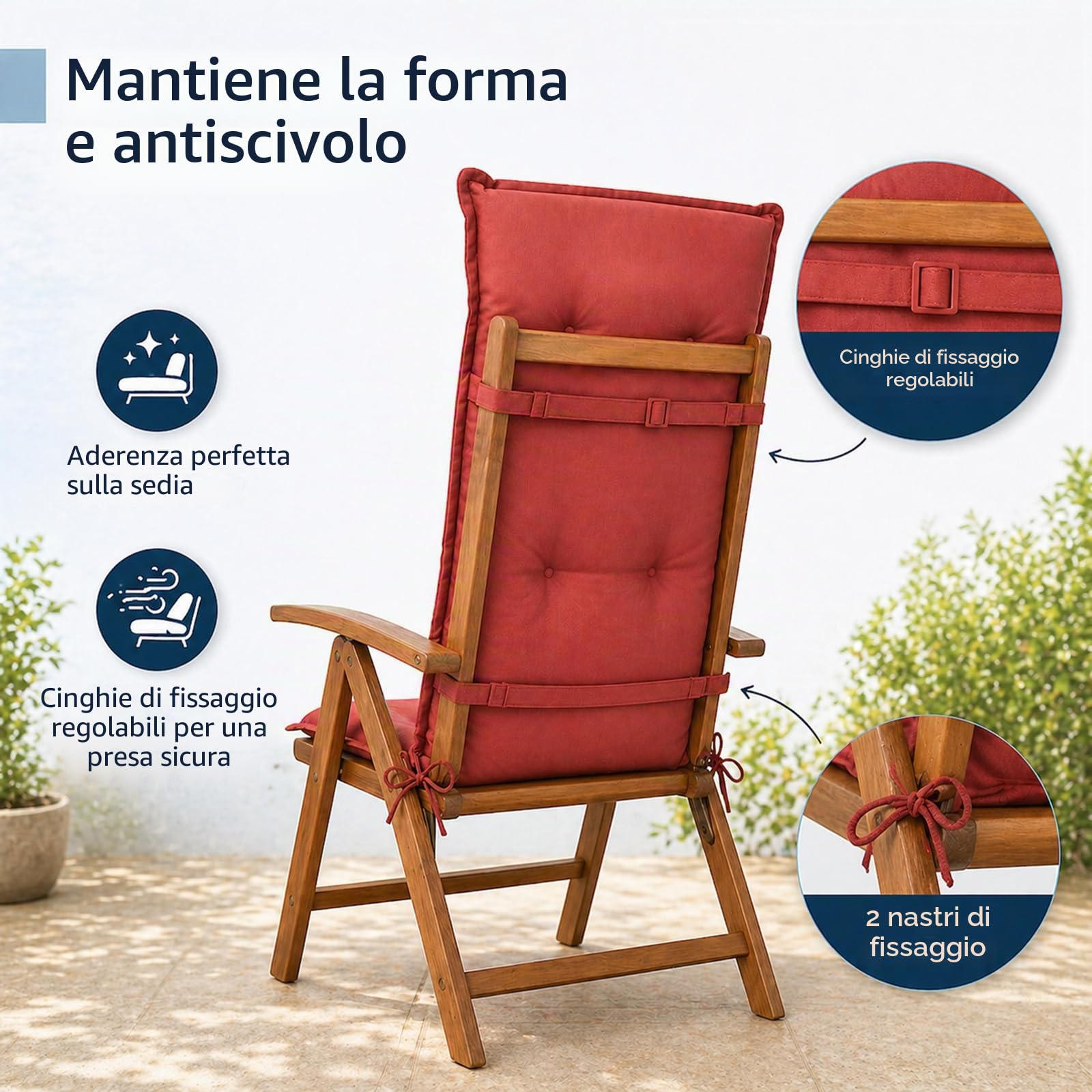 BURI 6 cuscini per sedia da giardino con schienale alto, 117 x 49 x 6 cm, resistenti alle intemperie, con anima in schiuma e tessuto non tessuto, cinghie di fissaggio e laccetti, comodi cuscini per