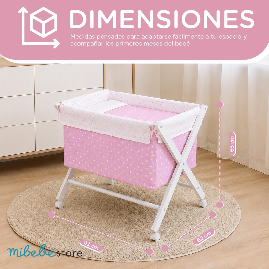 mibebestore Minicuna de Tijera Plegable de Madera con Ruedas y Frenos – Incluye Colchón, Colcha, Almohada y Textil 100% Algodón – hasta 9 Meses – Blanco/Rosa
