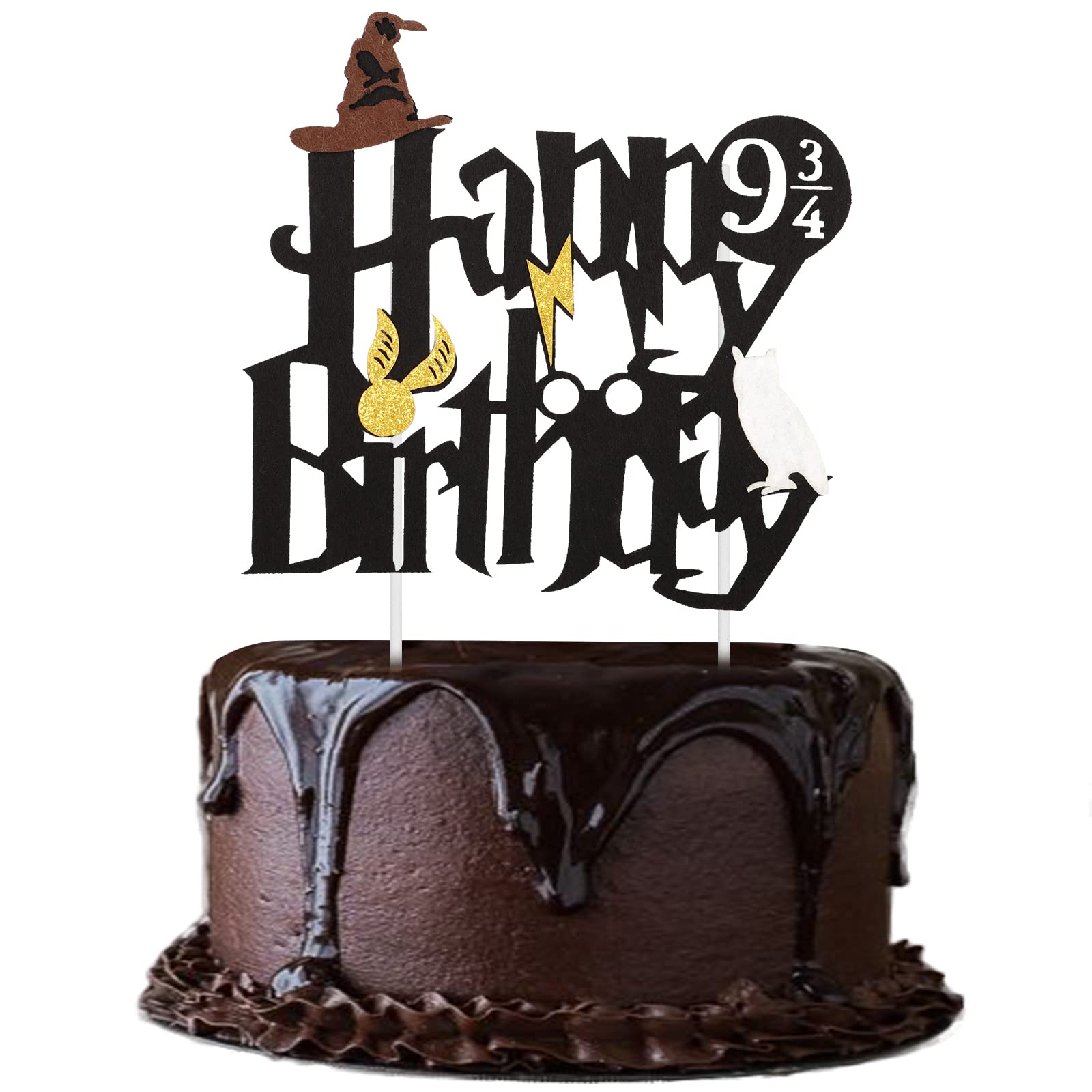 REMEL Wizard Magical Happy Birthday Cake Topper Double Sided Glitter Black Harry Inspired Wizard Party Supplies