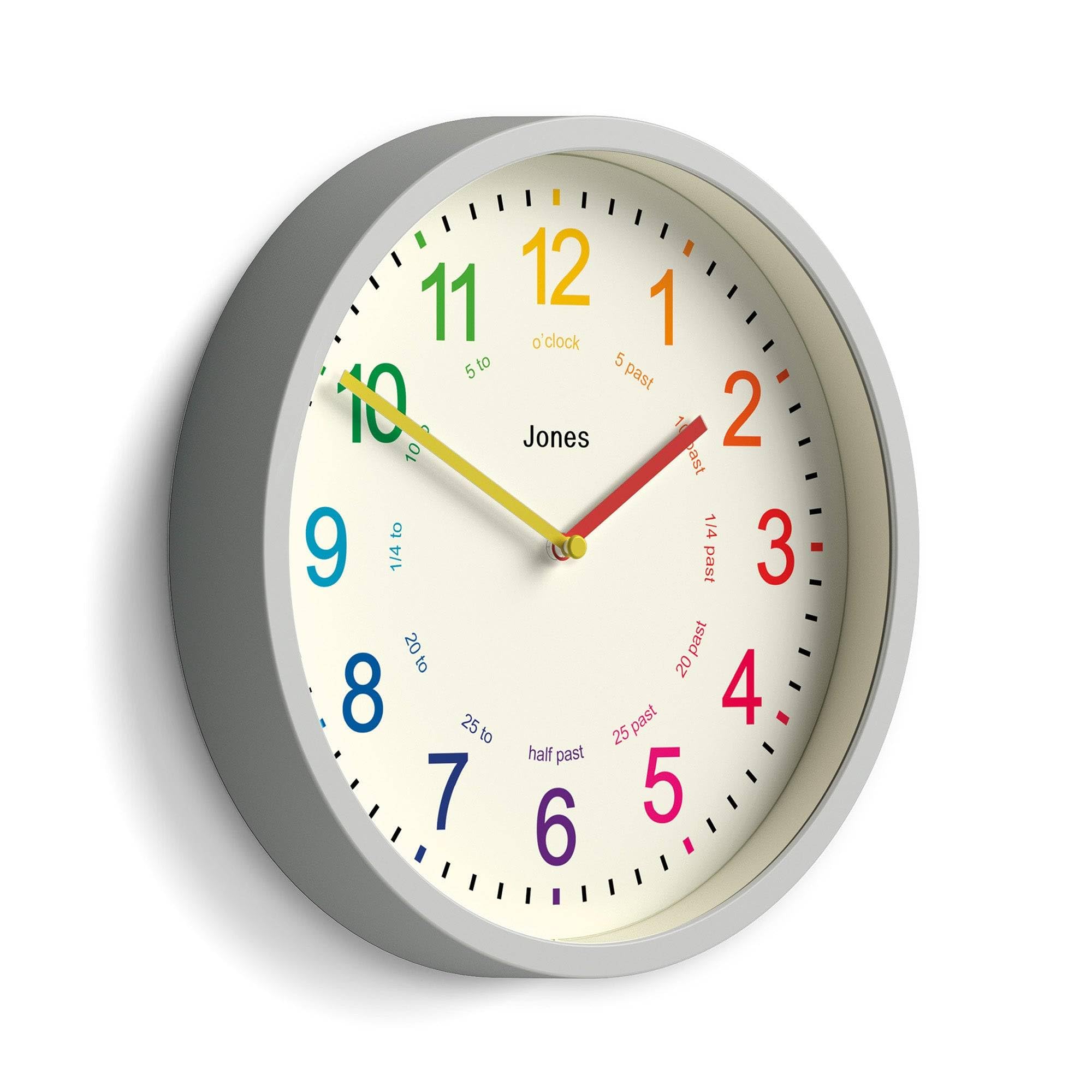 Jones Clocks Grey Jones Clocks® Kids Wall Clock | Small Modern Children’s Nursery Clock | 25Cm | | Colourful Dial For Learning To Tell The Time