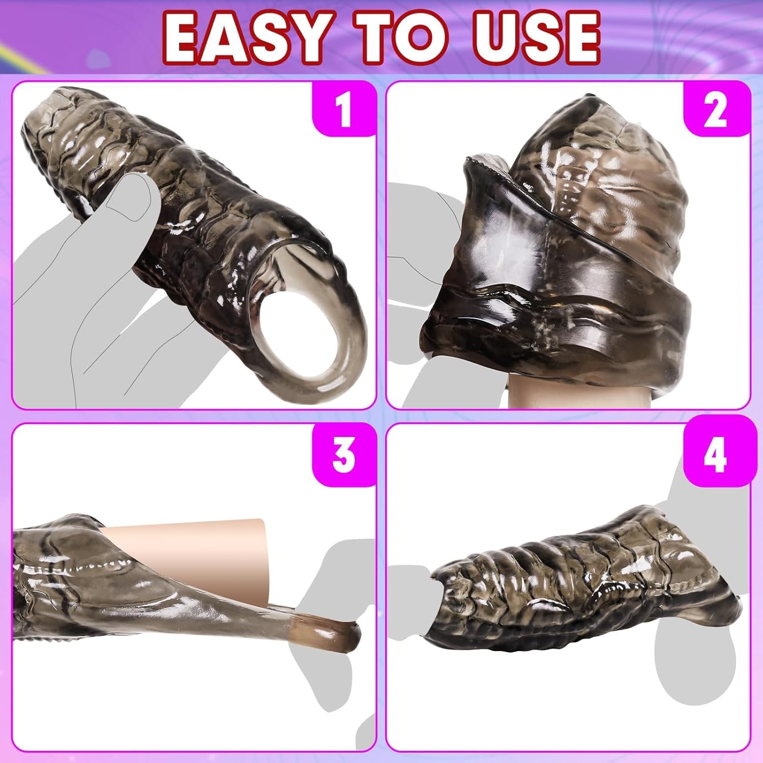 Monster Penis Sleeve with 3 Textures, Girth Enhancer for Men, Soft Silicone Cock Extender, Reusable Penis Sheath for Enlarge & Delay, Realistic Veins Sex Toys for Couples(Black)