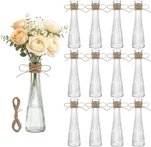 12 Pack Glass Bud Vases, 8.5" Ribbed Tall Bud Vases for Centerpiece Decor | Ribbed Textured Glass, Clear, Single Stem Flowers, Wedding Home Office Decor, Housewarming Gift, Farmhouse Rustic Style