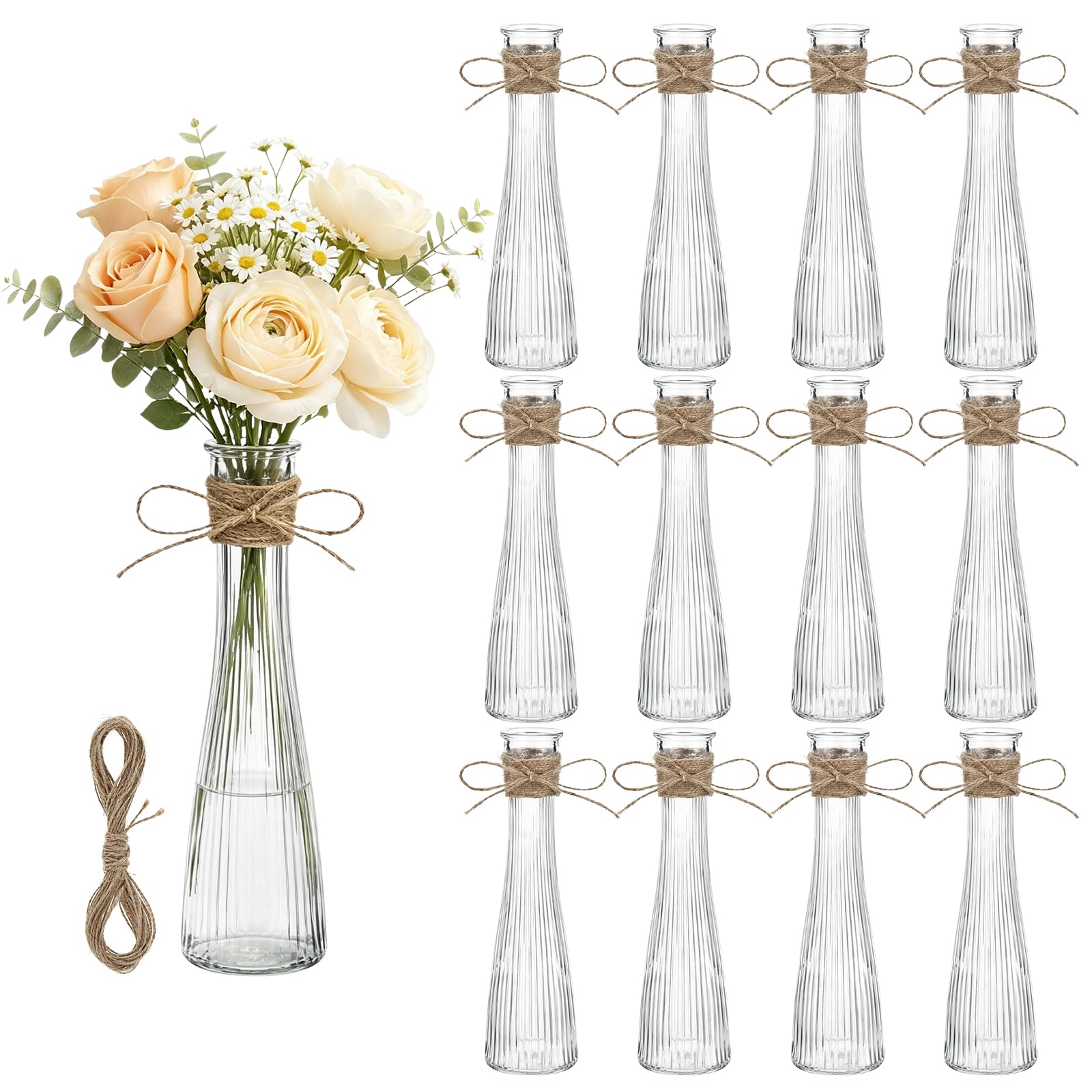 View 1 of 12 Pack Glass Bud Vases, 8.5" Ribbed Tall Bud Vases for Centerpiece Decor