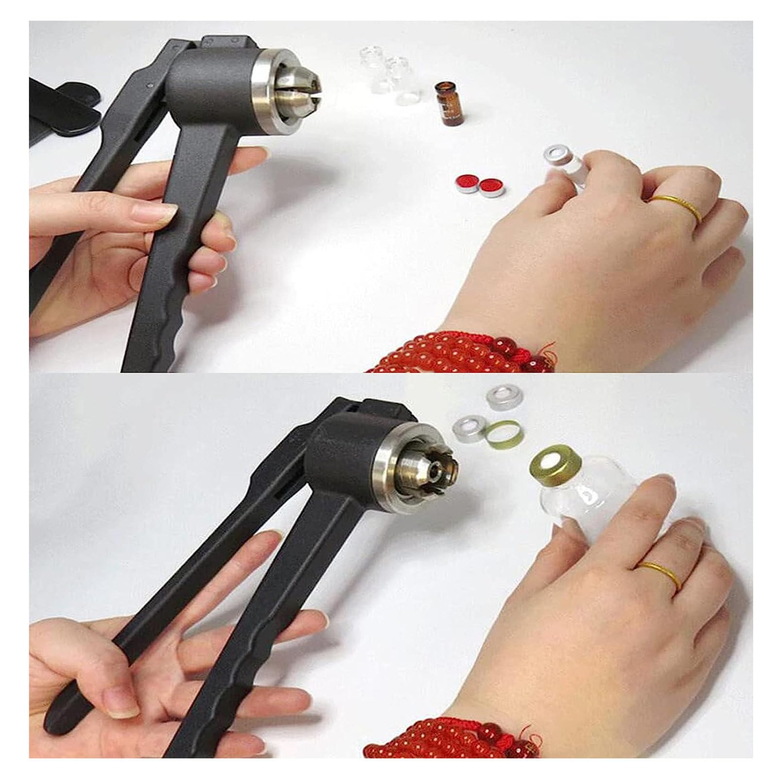 Máquina para encapsular viales abatibles de 13 mm, 15 mm y 20 mm: aluminio, plástico y aluminio completo, máquina para encapsular viales manual, 20-30 botellas por minuto, tapadora de tapas para bot