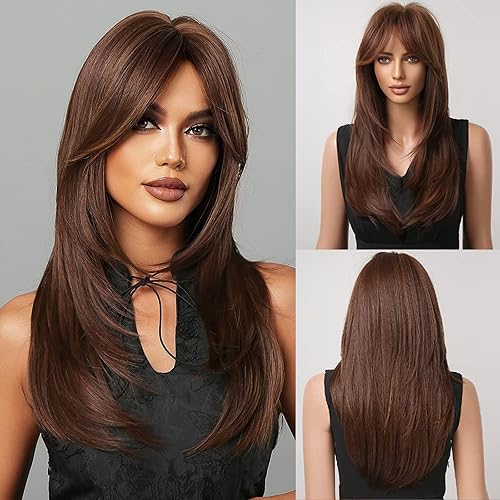 HAIRCUBE Brown Wigs with Bangs,Chocolate Dark Brown Wig Long Layered Wig for Women,Shoulder Length Synthetic Wigs for Daily Party 24IN