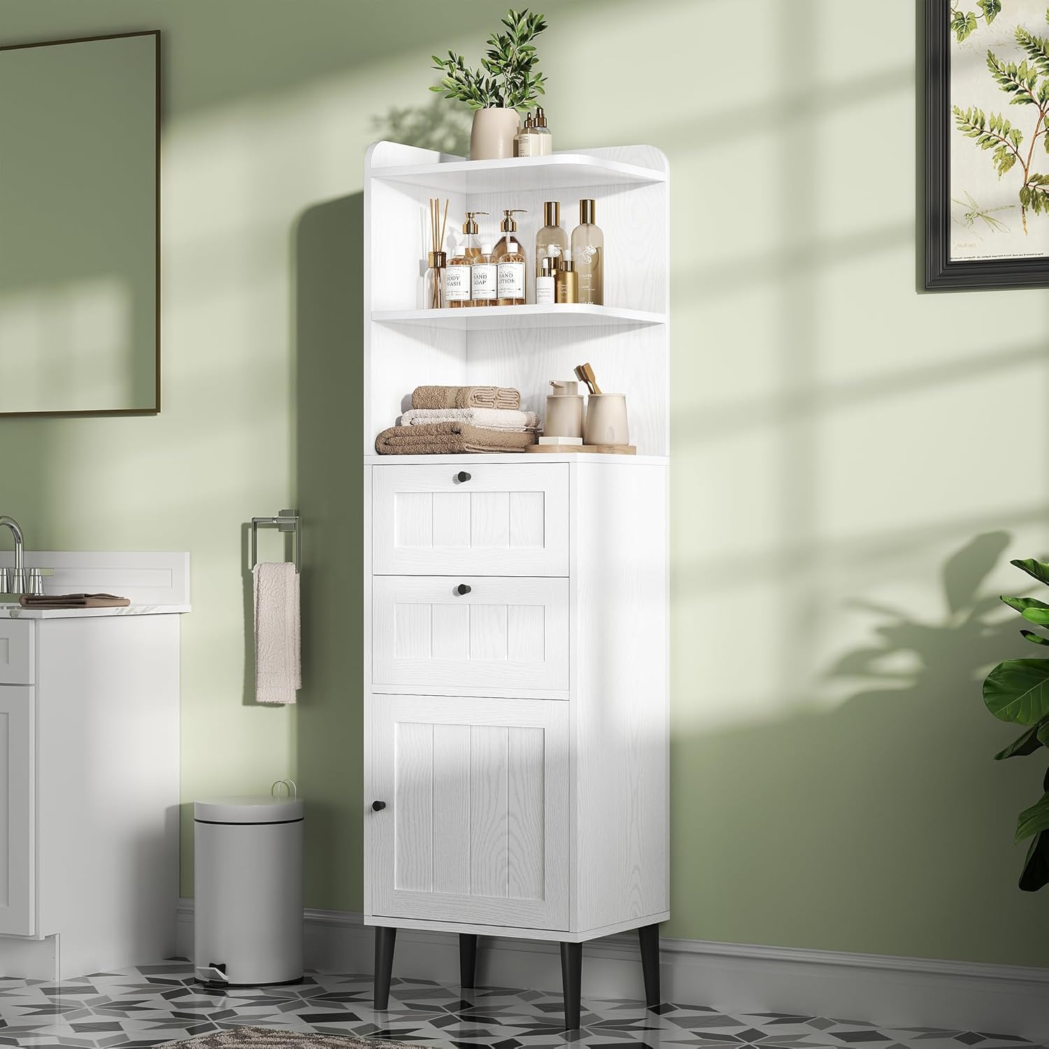 IRONCK White Bathroom Storage Cabinet with 2 Drawers, 2 Shelves, and 1 Door, Corner Cabinet for Bathroom, Kitchen, or Living Room Organization IRONCK White Bathroom Storage Cabinet with 2 Drawers, 2 Shelves, and 1 Door, Corner Cabinet for Bathroom, Kitchen, or Living Room Organization