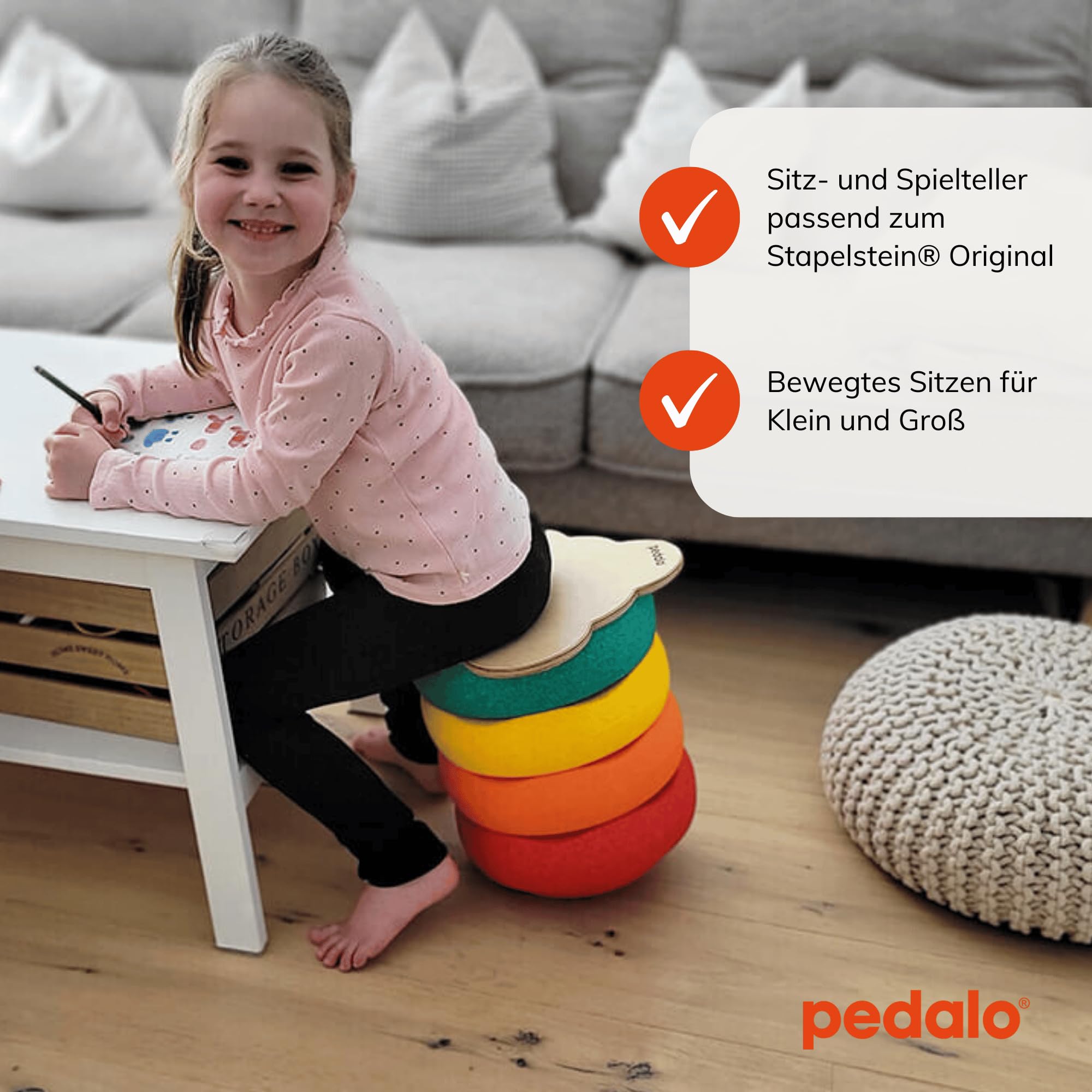 Pedalo® Stapelbaustein Sitzteller Move - Abgestimmt als Passform auf Stapelsteine - Sitzhocker für Kinder und Erwachsene - durch Stapelsteine mitwachsend - bewegt sitzen