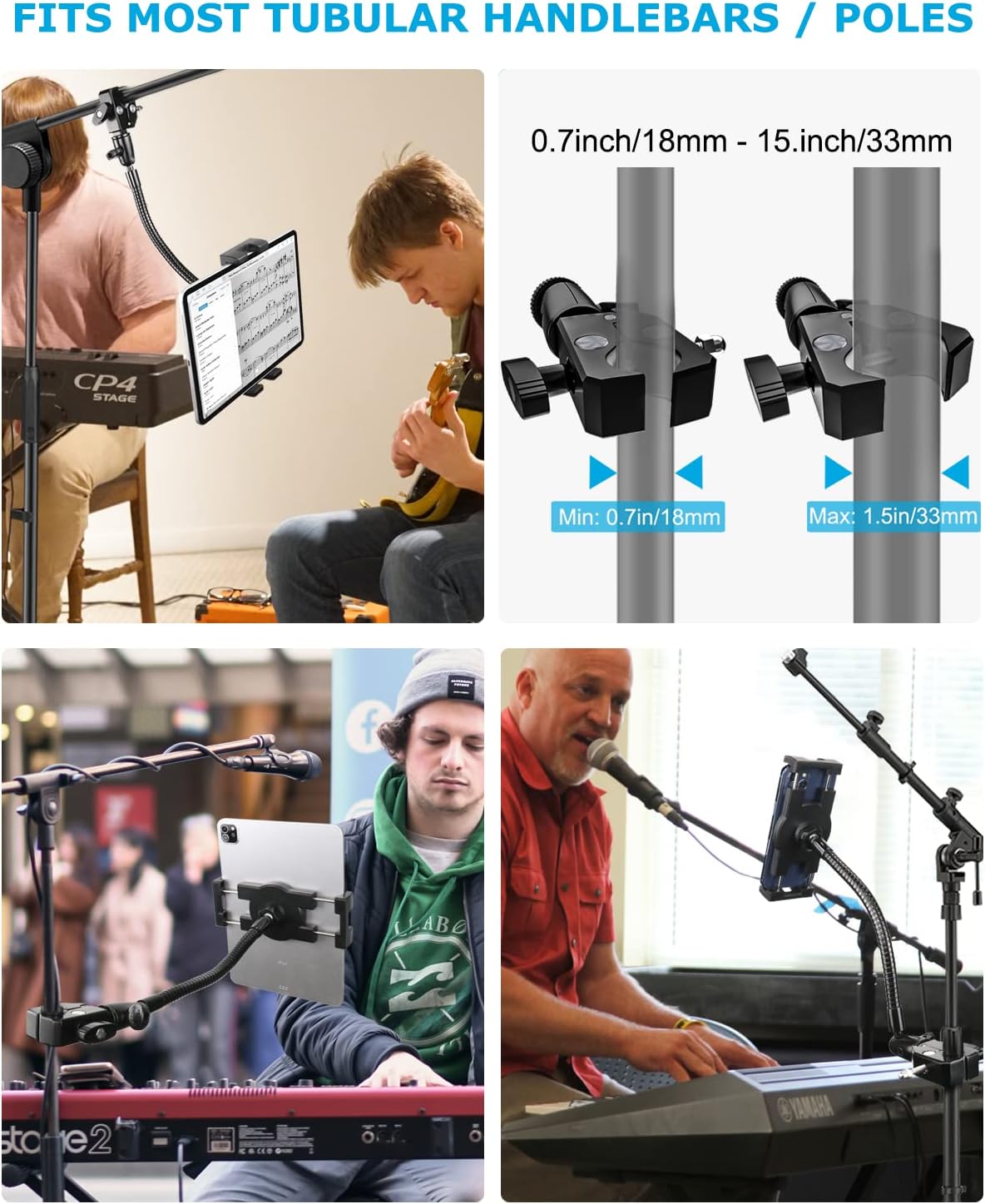 Gooseneck Tablet Mic Stand, woleyi Phone iPad Holder for Microphone Stand [Metal Arm Clamp] 360° Swivel Tablets Music Mount, Compatible with iPad Pro 12.9 Air Mini, iPhone, Galaxy Tabs, 4-13" Devices