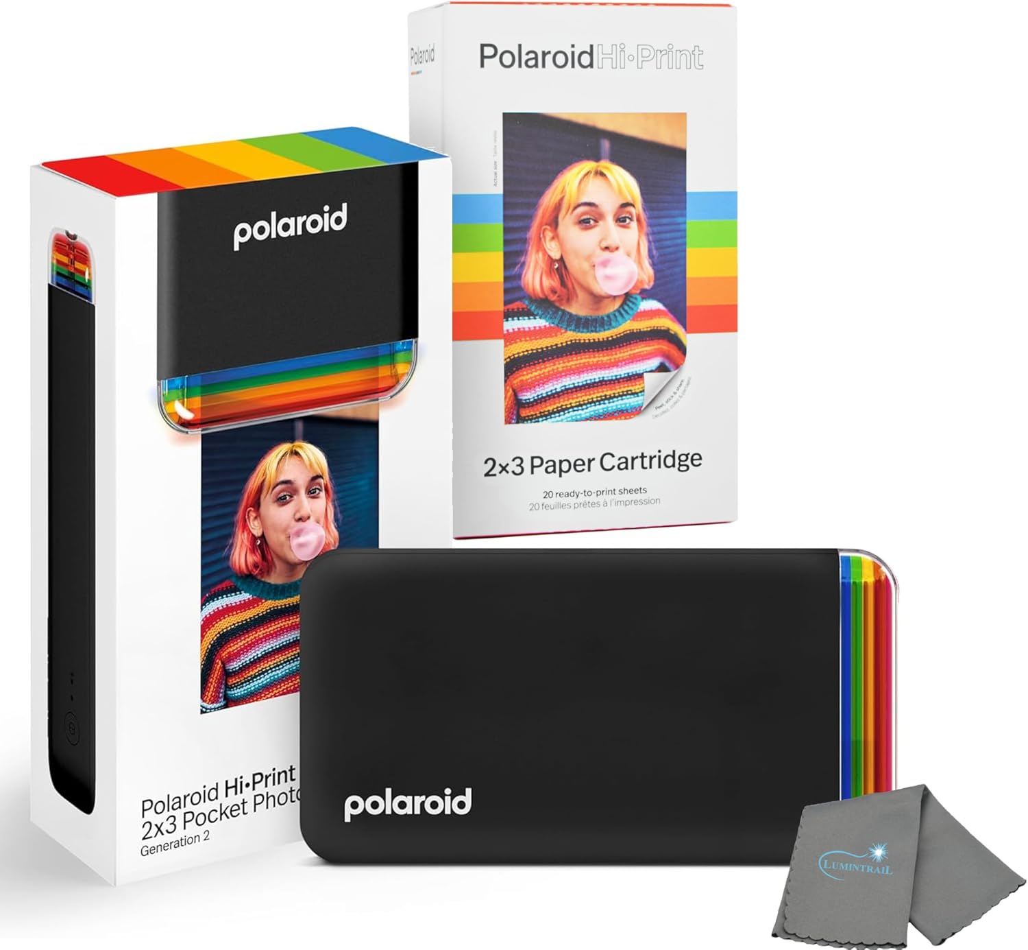 Polaroid Hi Print + 20 Photo Bundle, 2nd Generation Phone Printer, 2x3 Pocket Photo Printer, Portable Bluetooth Photo Printer for iPhone & Android Cleaning Cloth