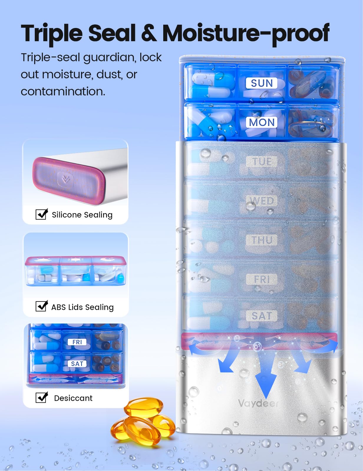 Vaydeer Pilloliera Settimanale 7 Giorni con 3 Scomparti al Giorno – Portapillole Grande con Guscio in Metallo, Protezione Doppia e Anti-Umidità – Scatola Medicinali BPA Free, Compatta e da Viaggio per