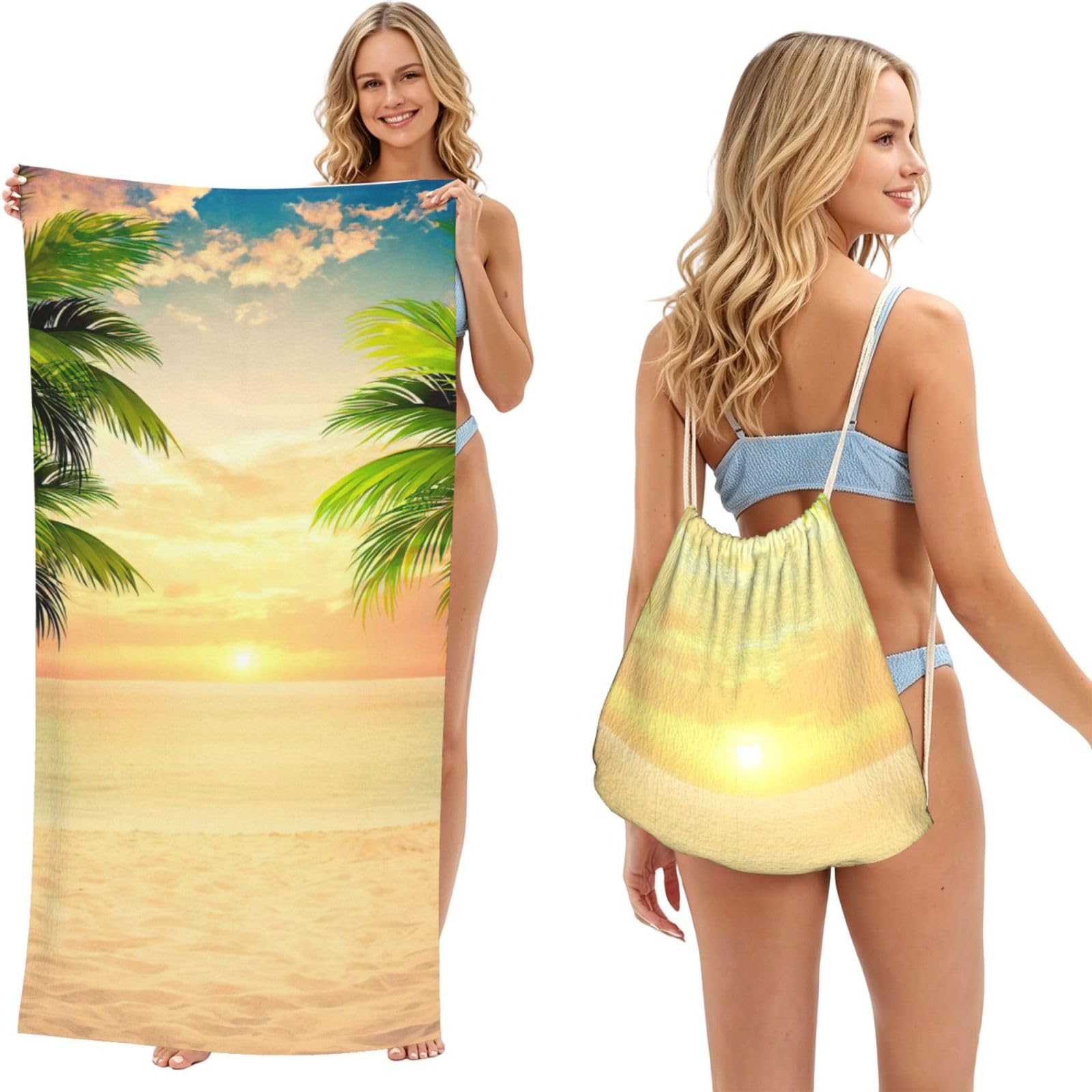 LMNvbz Beach Sunset 2 Print 2 In 1 Packable Beach Towel Bag, Quick Dry Backpack Microfiber Mat For Camping, Travel, Vacation, Cruise, And Picnic