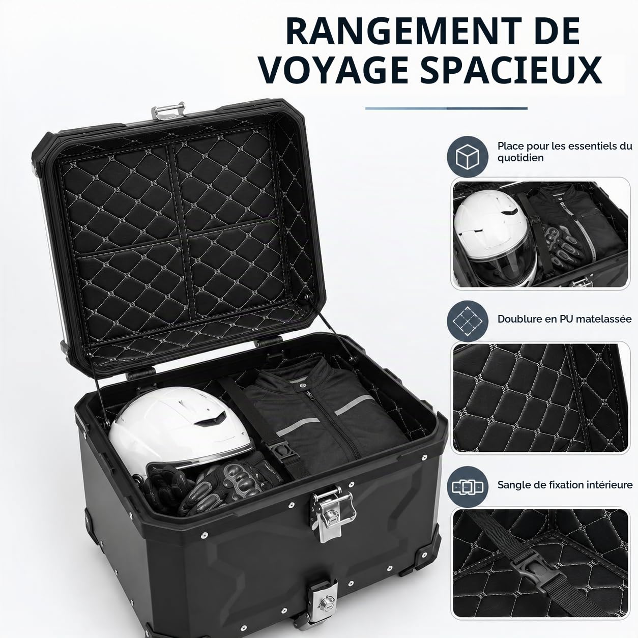 Moto Top Case Universel Boîte de Queue de Moto Coffres Motos pour Rangement Casques avec clé,Résistant à l'eau,pour Ranger Vêtements, Chaussures, Casques, Imperméables (55L)