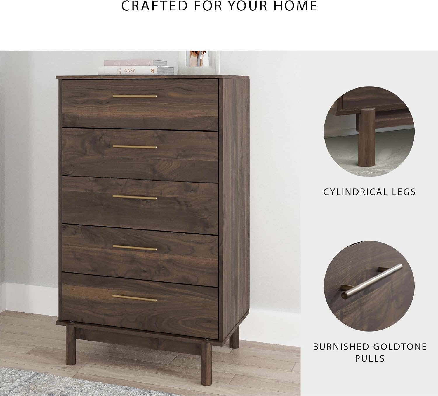 Signature Design by Ashley Tall 5 Drawer Chest, Mocha Walnut Dresser | 30 in width, Drawer stops, Engineered wood (MDF/particleboard/plywood) and decorative laminate, Calverson Series