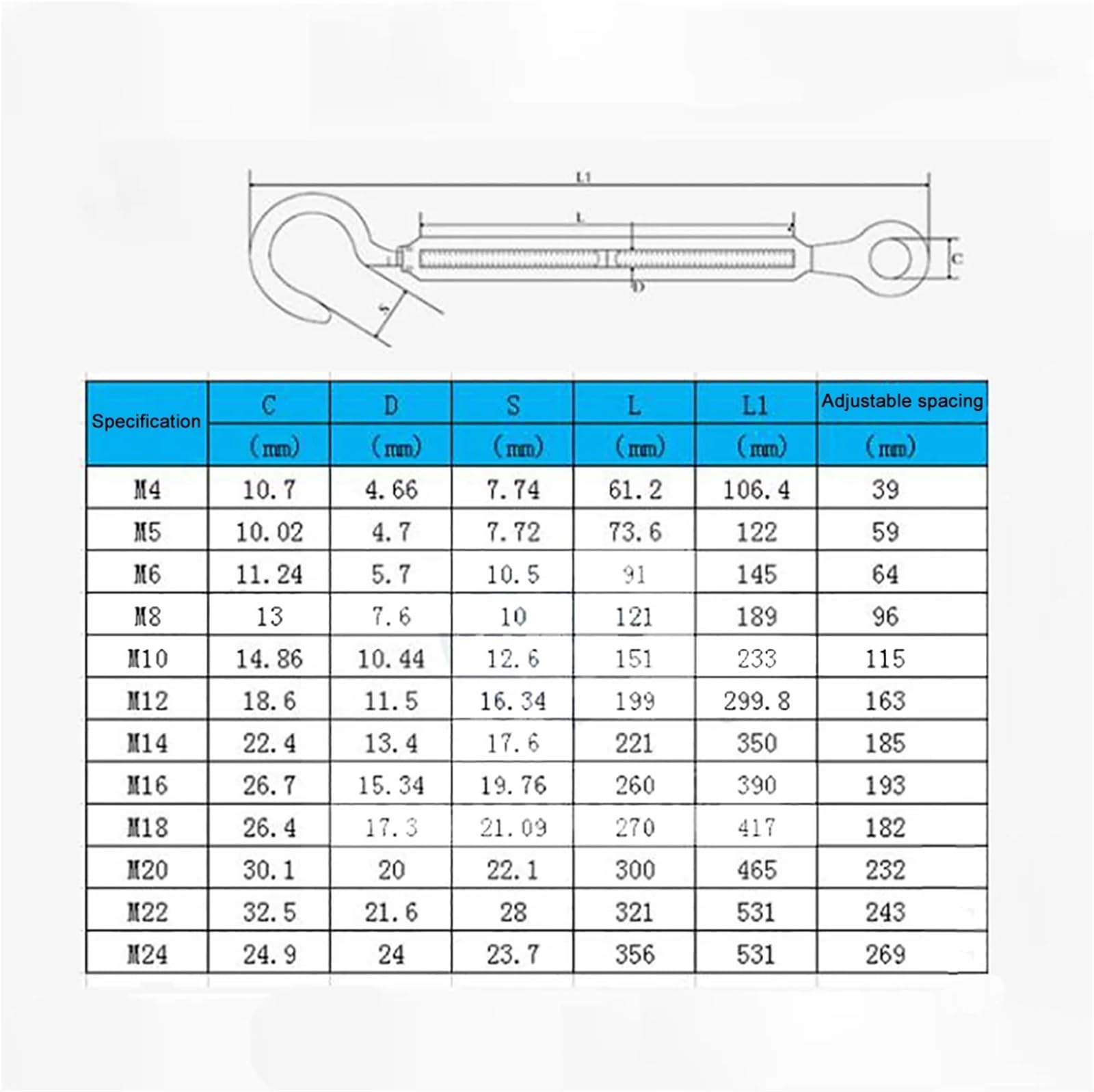 Tensor de Cable con Gancho y Ojo, 2 Unidades M4 a M14, Acero Inoxidable A4 316, Tensor de Cable con Gancho y Ojo (M14)