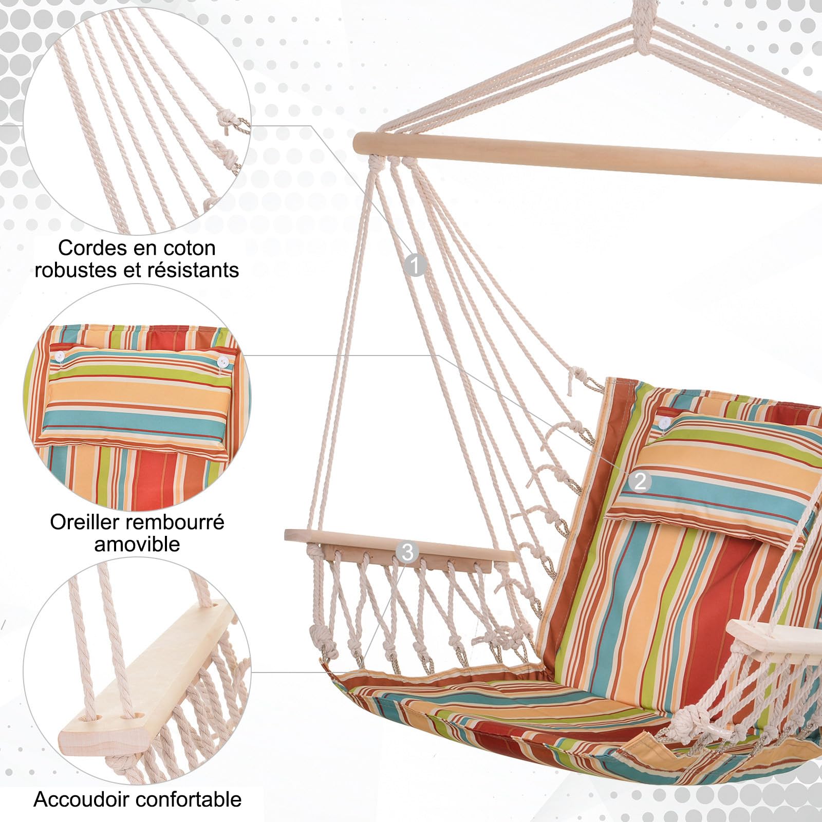 Outsunny Chaise Suspendue hamac de Voyage Respirant Portable dim. 100L x 106H cm Coton macramé Polyester Multicolore rayé