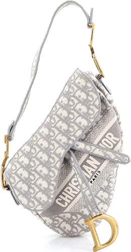 Pre-Loved Saddle Handbag Logo Embroidered Oblique Canvas Medium, Gray