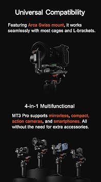 hohem iSteady MT3 Pro Camera Stabilizer with AI Tracking, 4-in-1 Gimbal for Mirrorless/Compact/Action Camera & Smartphone, 1.4 Detachable Touchscreen Remote, 2.5kg/5.5lbs Payload, CCT/RGB Fill Light
