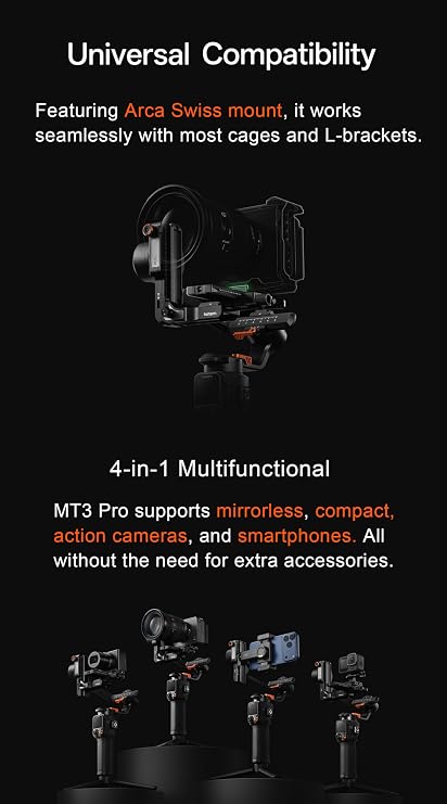 hohem iSteady MT3 Pro Camera Stabilizer with AI Tracking, 4-in-1 Gimbal for Mirrorless/Compact/Action Camera & Smartphone, 1.4 Detachable Touchscreen Remote, 2.5kg/5.5lbs Payload, CCT/RGB Fill Light