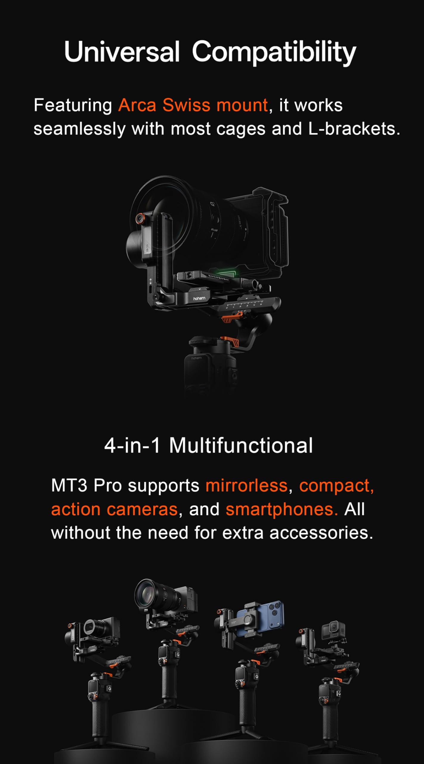 hohem iSteady MT3 Pro Kamerastabilisator mit KI-Tracking, 4-in-1 Gimbal für spiegellose Kamera/Kompakt/Action und Smartphone, abnehmbare 1,4-Zoll-Touchscreen-Fernbedienung