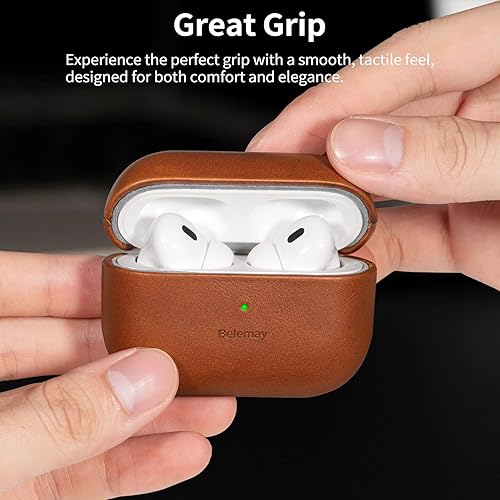Miniatura 5 de Belemay Funda para AirPods Pro de 2 generación, compatible con MagSafe y carga inalámbrica, cuero liso de grano completo de lujo, pátina única,