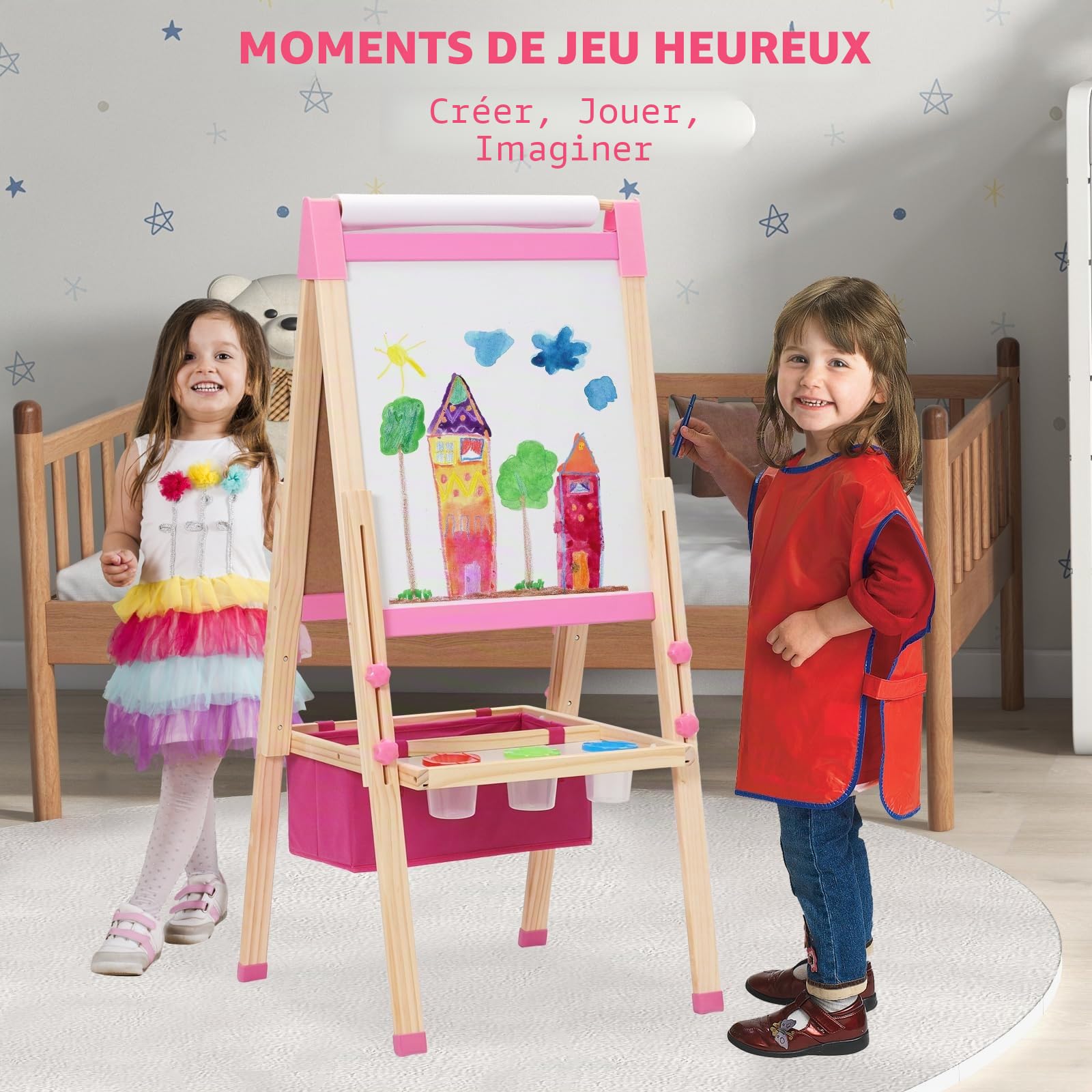 3 en 1 Chevalet Enfant avec Rouleau de Papier, Rangement et Kit de Dessin, Tableau Double Face Enfant, Tableau de Griffonnage pour Kids, Planche à Dessin pour Enfants à partir de 4 ans