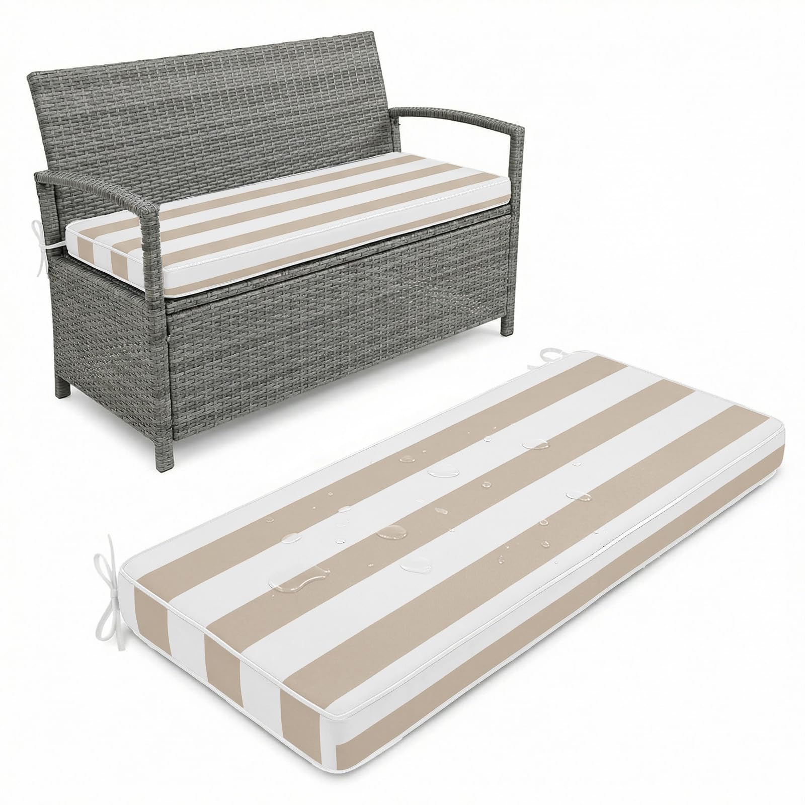 Aocase Waterproof 2/3/4 Seater Bench Cushion 105x60cm Indoor Outdoor Comfortable Extra Thick 5cm Garden Bench Rattan Cushion Pad with Removable Cover for Patio Lawn with Double Piping,Hazel Striped