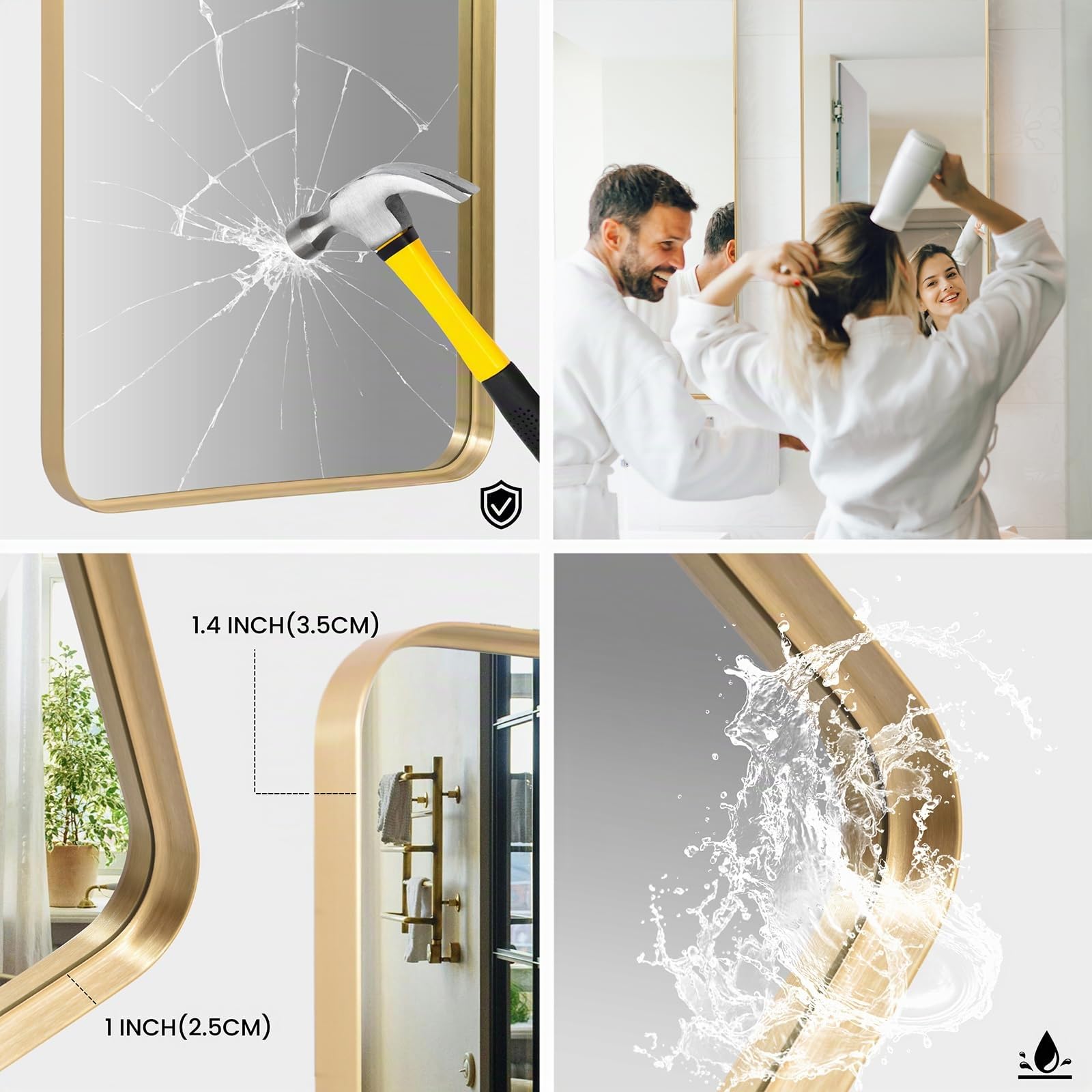 Melodieux Espejo de baño Dorado para Pared, 50 x 75 cm, Espejo de Pared Rectangular con Marco de Metal, Espejo Decorativo para Dormitorio, Sala de Estar, Entrada, Horizontal o verticalmente