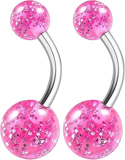 BanaVega 2PCS Surgical Steel Cute Belly Navel Bar Ring Stud 14 Gauge 3/8 10mm Acrylic Ball Earrings Piercing Jewelry See More Colors,