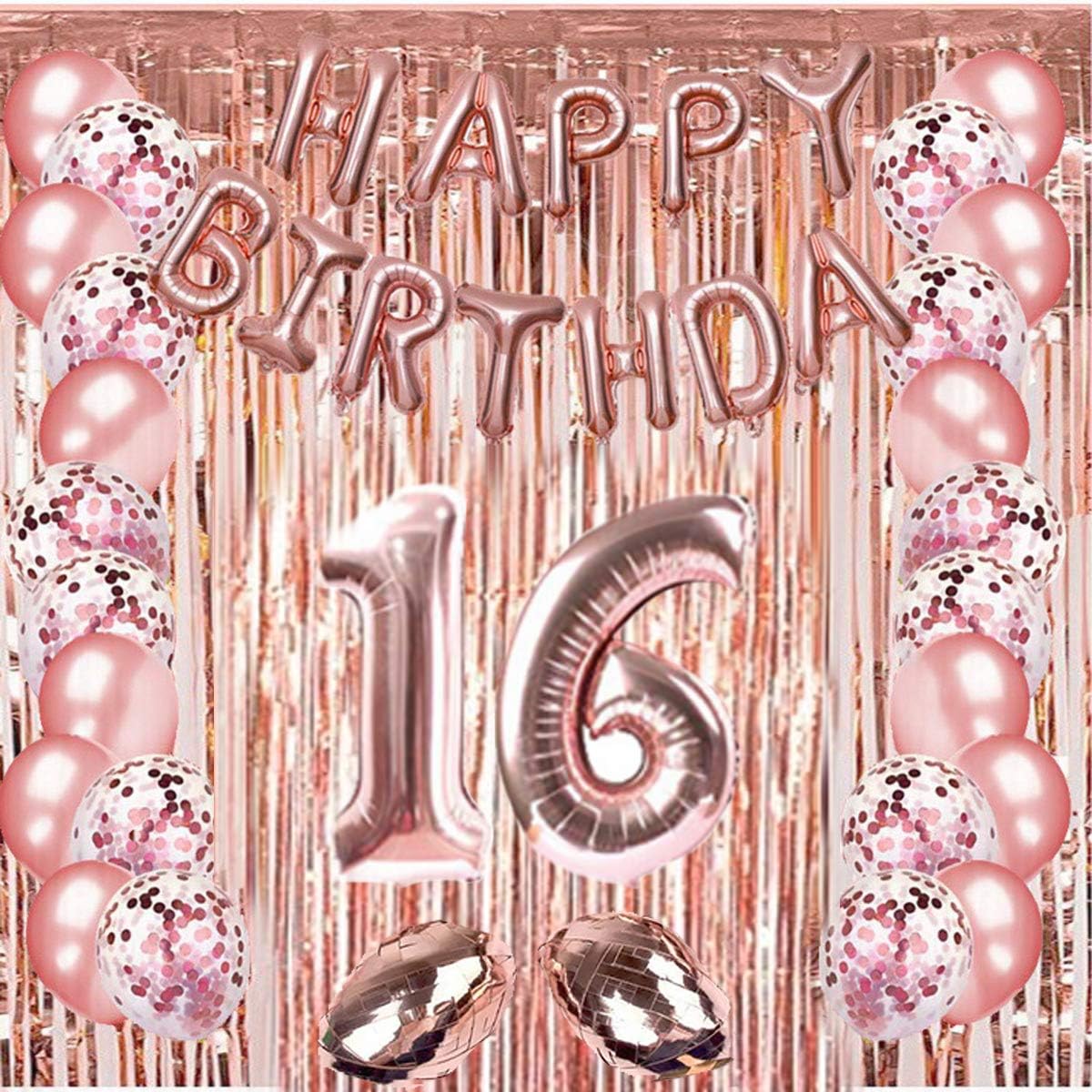 TAOHUIEU 16th Birthday Party Decoration, 16 Year old Party Supplies for Girls Boys, Rose Gold Balloons, Rose Gold Rain Curtain, Happy Birthday Bannerh Rose Gold Digital Balloon, Rose Gold Rain Curtain