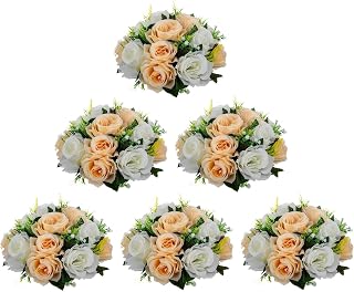 Artificial Flower Centerpieces for Tables - 6pcs of Rose Balls, Classic Kissing Floral Balls, Fake 15-head Plastic Roses with Base for Birthday Party Christmas Home Wedding Decor(Champagne White)
