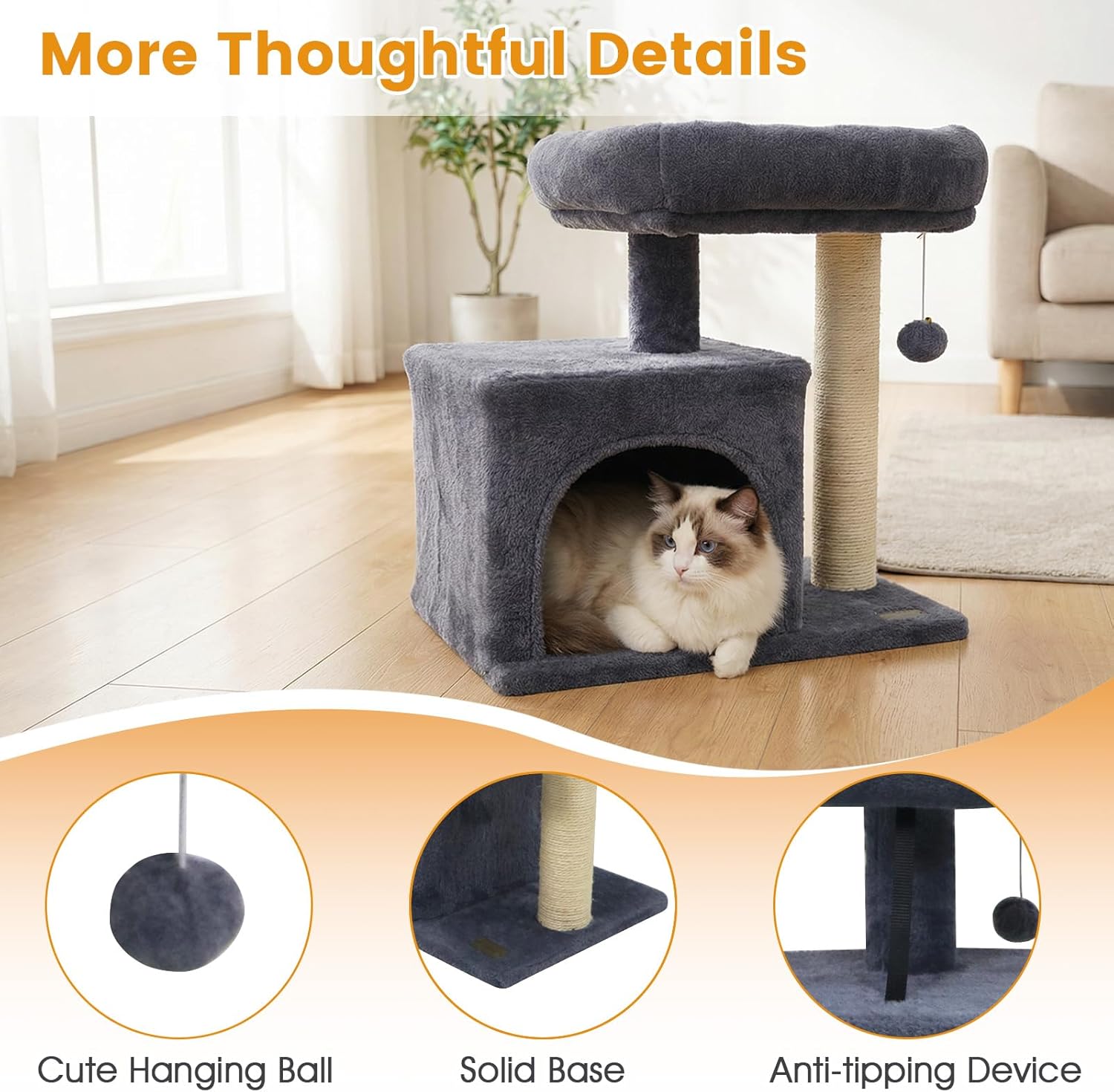 PETSITE 19.5-inch Small Cat Tree, with Sisal Scratching Post, Interactive Hanging Ball, Comfy Condo, and Spacious Top Perch, Ideal for Indoor Cats and Kittens (Dark Grey)