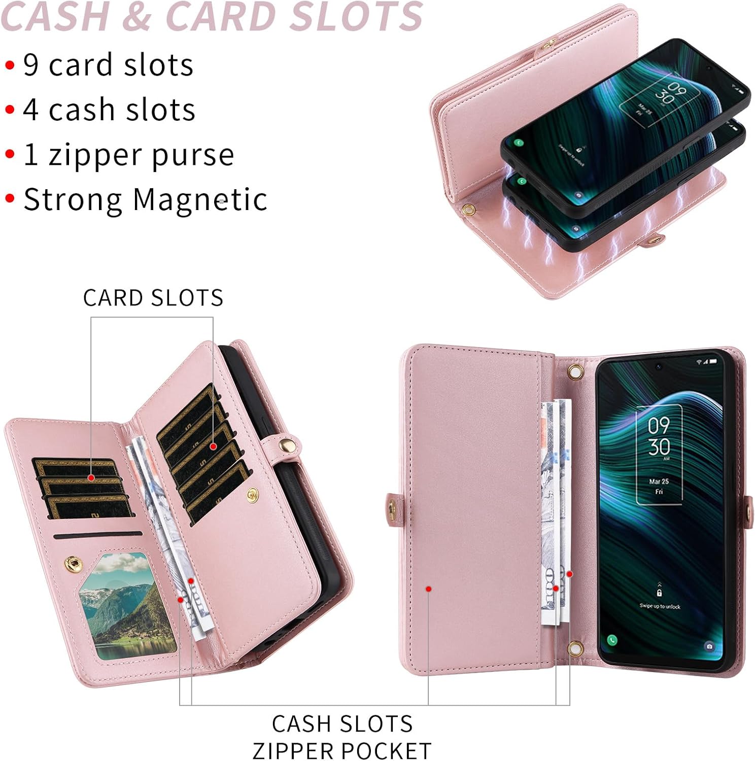 Asuwish Phone Case for TCL Stylus 5G 2022 Zipper Wallet Detachable Cell Cover with Tempered Glass Screen Protector Strap Bling Glitter Flip Card Holder TLC Stylo G5 6.81 T779W Women Men Girls Pink