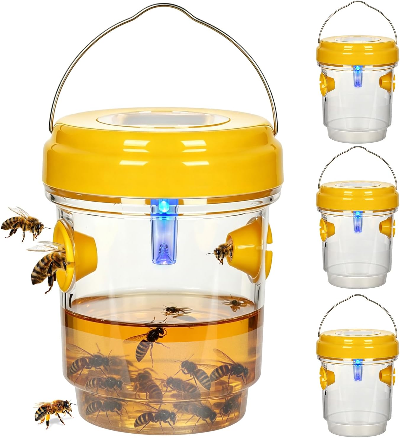 4 Pack Solar Wasp Traps Day & Night, 8-Hour All-Night Battery Life,Reusable Catcher for Wasps,Hornets,Yellow Jackets,Insects,with LED Light for Patio Porch Garden Backyard (Bait NOT Included)