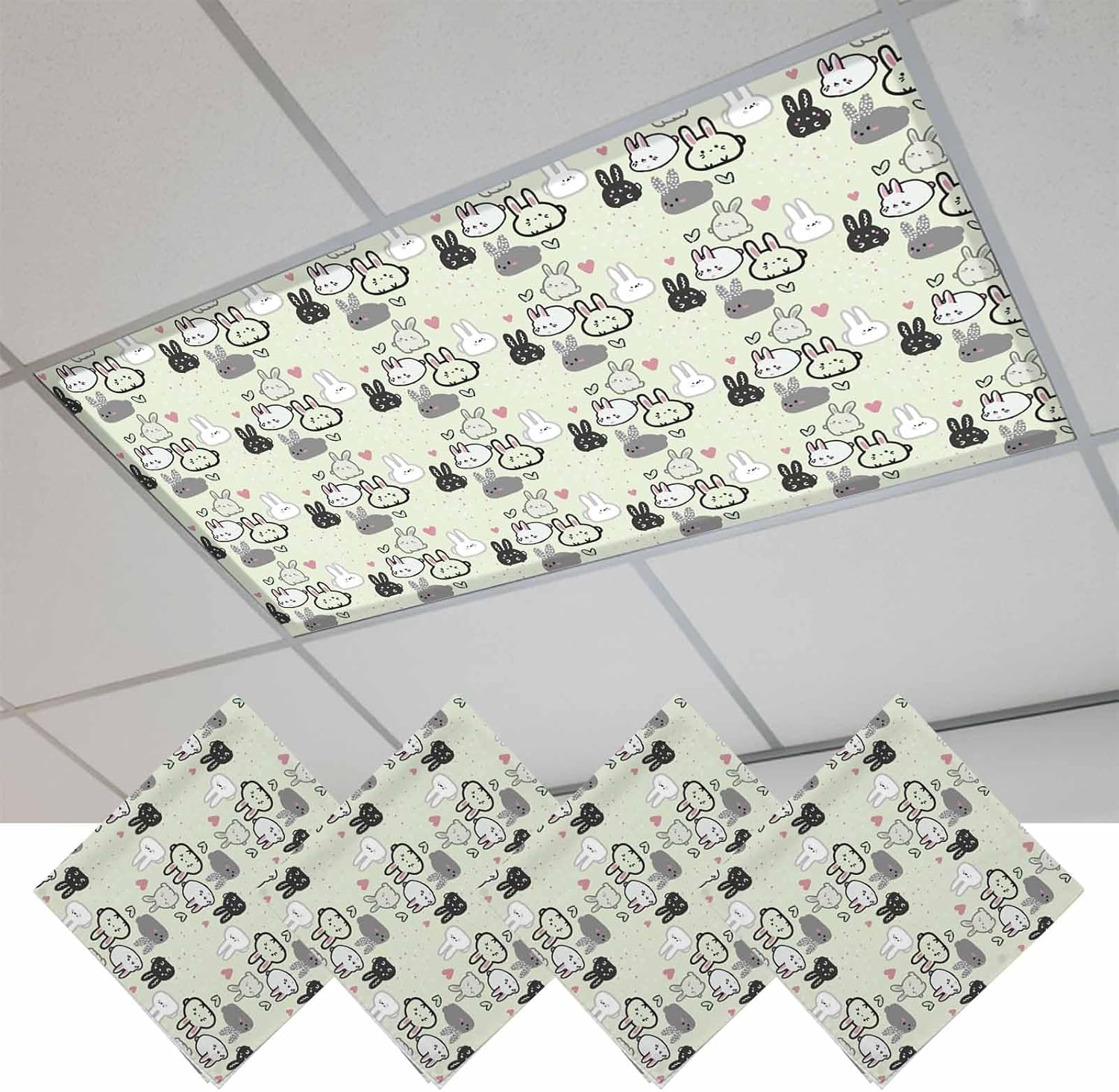 2x4 ft Fluorescent Light Cover for Ceiling Cartoon Easter White Black Rabbits on Green Magnetic Light Filters, Love Heart Ceiling Lampshades for Home School Office 4Pcs