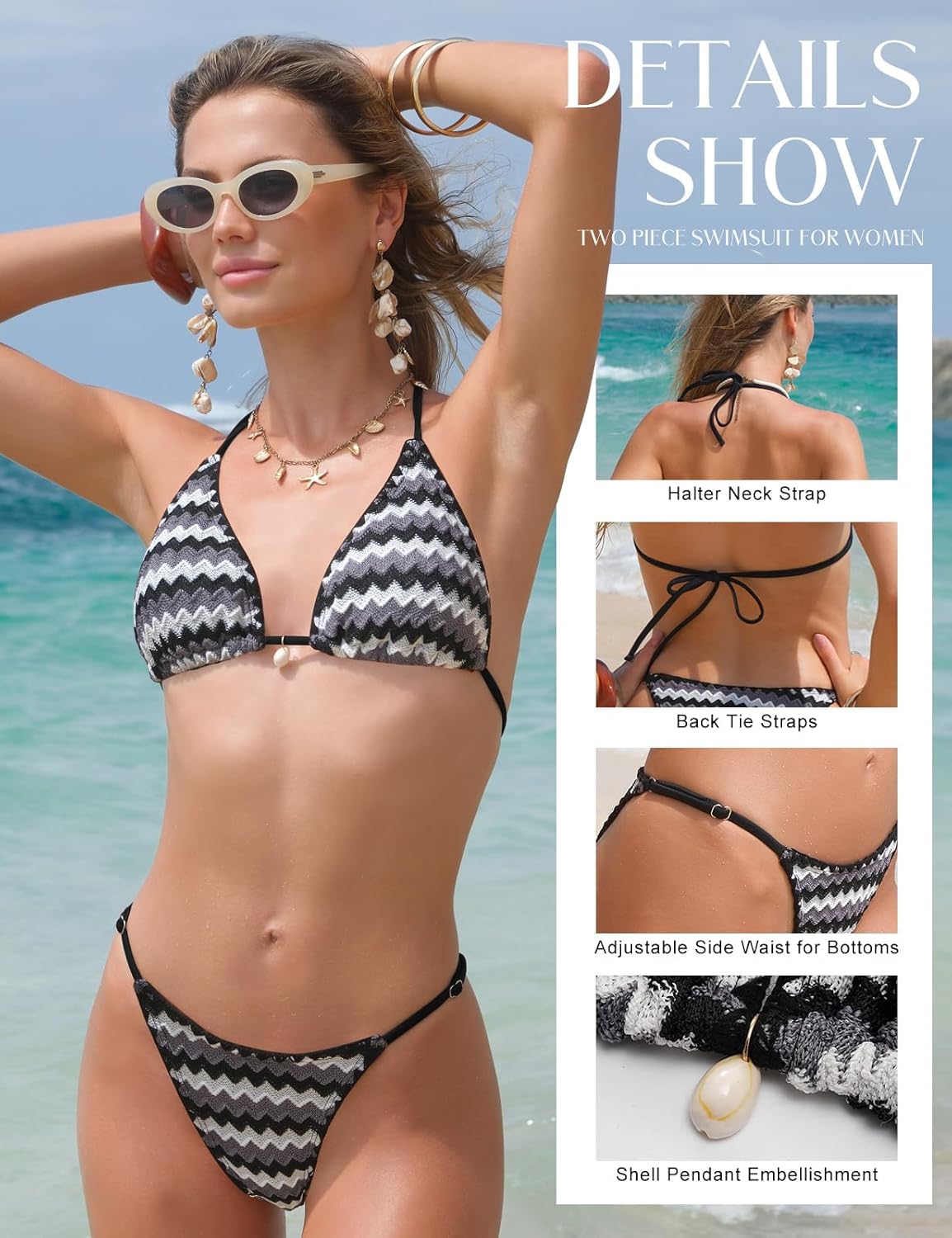 Women’s Colorblock Stripe Bikini Set, Cheeky Boho Halter 2 Piece Swimsuits, Triangle Crochet Seashell Bathing Suits