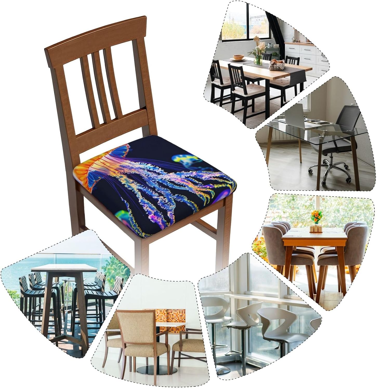 Colored Jellyfish Print Square Cushion Covers 6 Pcs Set Elastic Non-Slip Seat Cushion Slipcovers Pet Furniture Protectors for Chair, Sofa