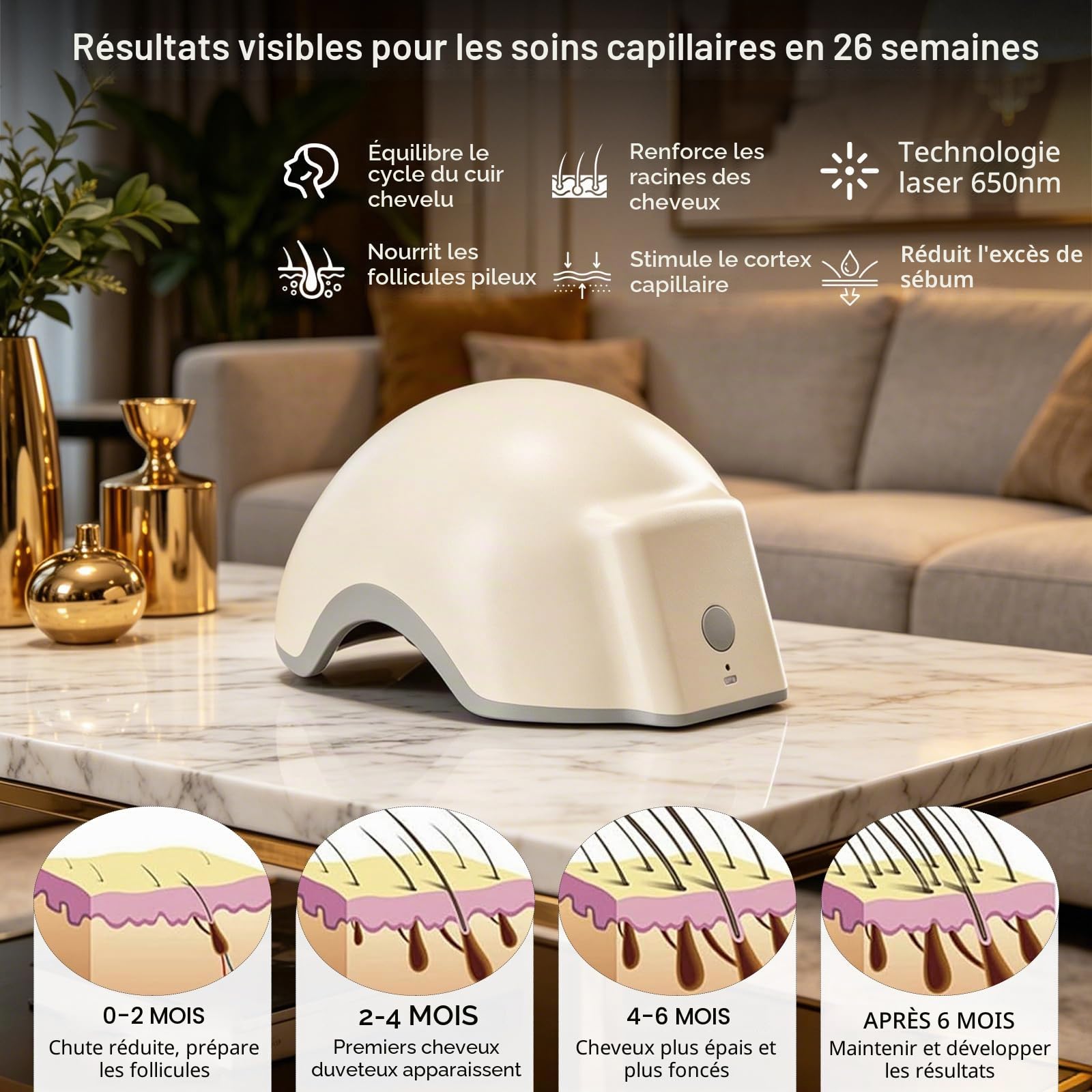 Casque Laser LLLT contre la chute des cheveux, système de thérapie lumière rouge pour la repousse avec 268 diodes laser 650 nm, sans fil jusqu’à 2 h d’autonomie, soin du cuir chevelu pour fem