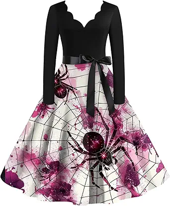 OIOLOYJM Sexy Plus Size Halloween Costumes Woman 2025 Long Sleeve V Neck Printed Gothic Retro Formal Party Dresses for Women