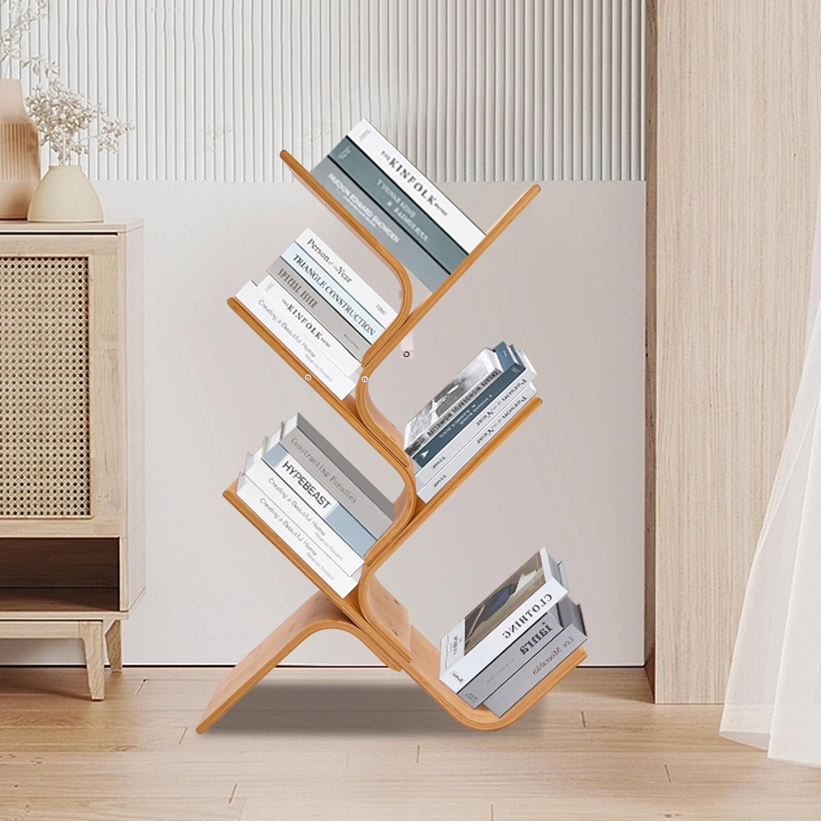 Librería de 5 pisos, estantería moderna de bambú, diseño de árbol, estantería para salón, dormitorio, oficina, estantería abierta, aspecto de madera natural, 91 cm de alto