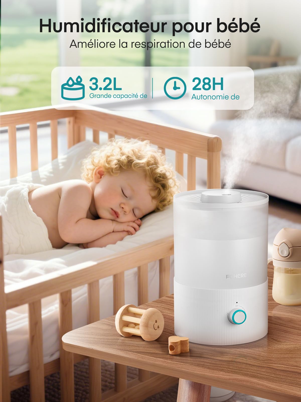 FOHERE Humidificateur d'air Chambre Silencieux 3,2L Top-Fill