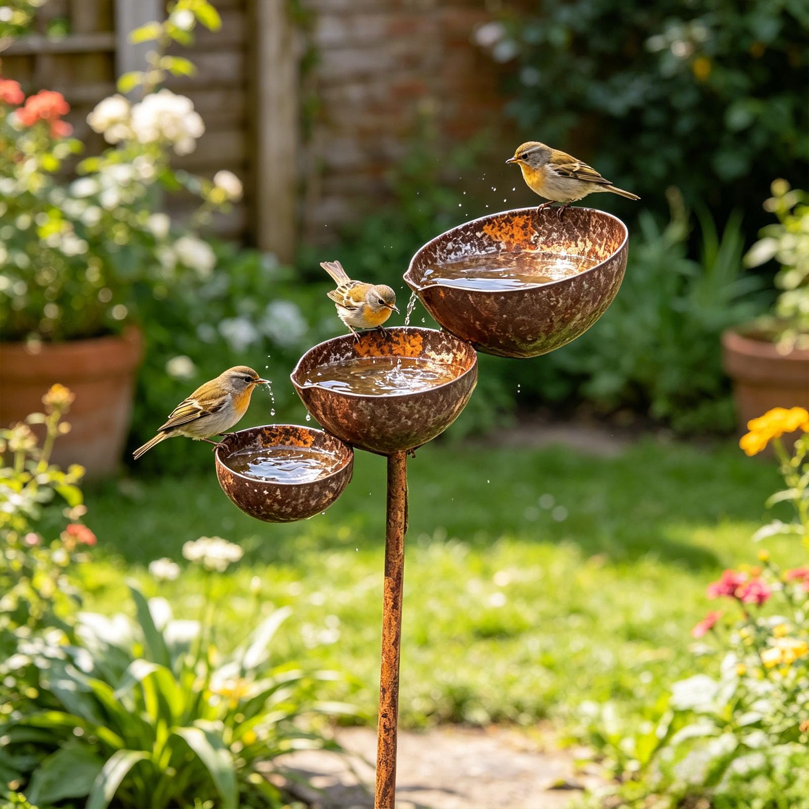 3-Tier Rain Catcher Garden Stake, Cascading Bird Bath & Bee Watering Station, Rust Metal Rain Catcher Garden Stake With Water Bowl for Bird Attraction