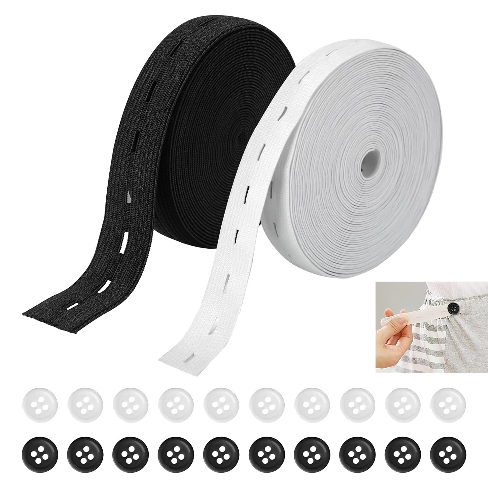 2 Rolls Buttonhole Elastic, Elastic with Button Holes, 15mm x 8m Black & White Adjustable Sewing Webbing Tape with 20 Buttons, Stretchable Spandex Webbing Tape for Waistbands Jeans Skirts Trousers
