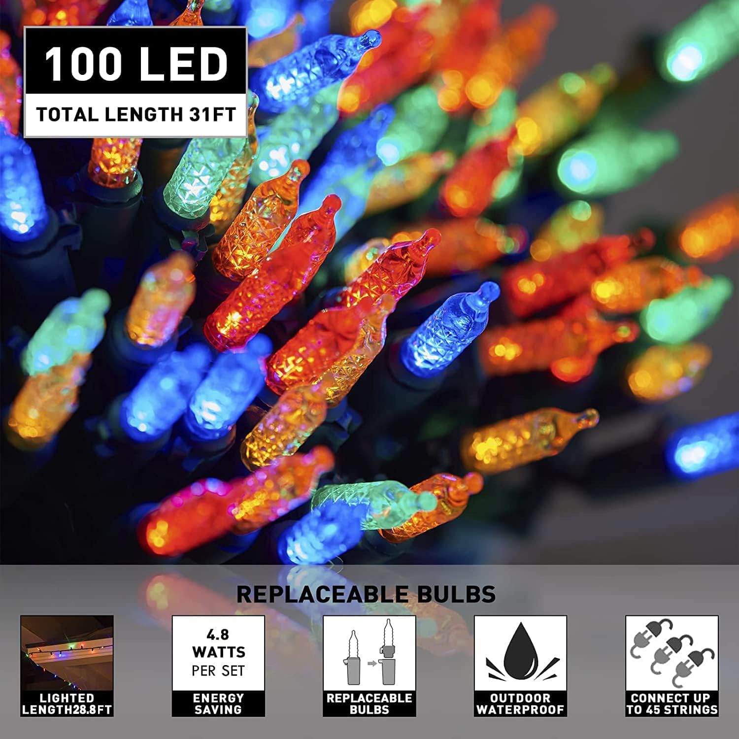 PABIPABI 31FT 100LT Christmas String Lights Mini LED Multicolor Fairy Lights Plug in Connectable Home Decor for Christmas Tree Holiday Garden Yard Decoration