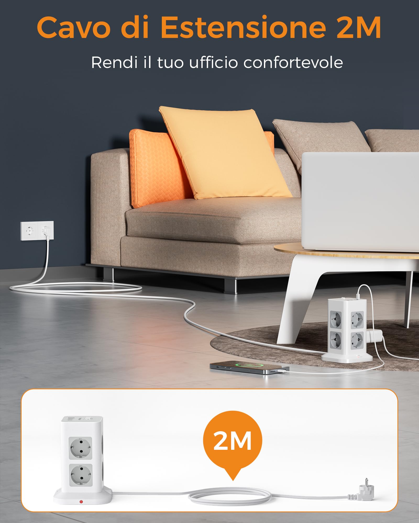 TESSAN Ciabatta Multipresa con USB C e 8 Prese, Presa Multipla Protezione Sovratensione 1700J, Torretta Multipresa 3600W con Interruttore, Ciabatta Elettrica 2 Metri