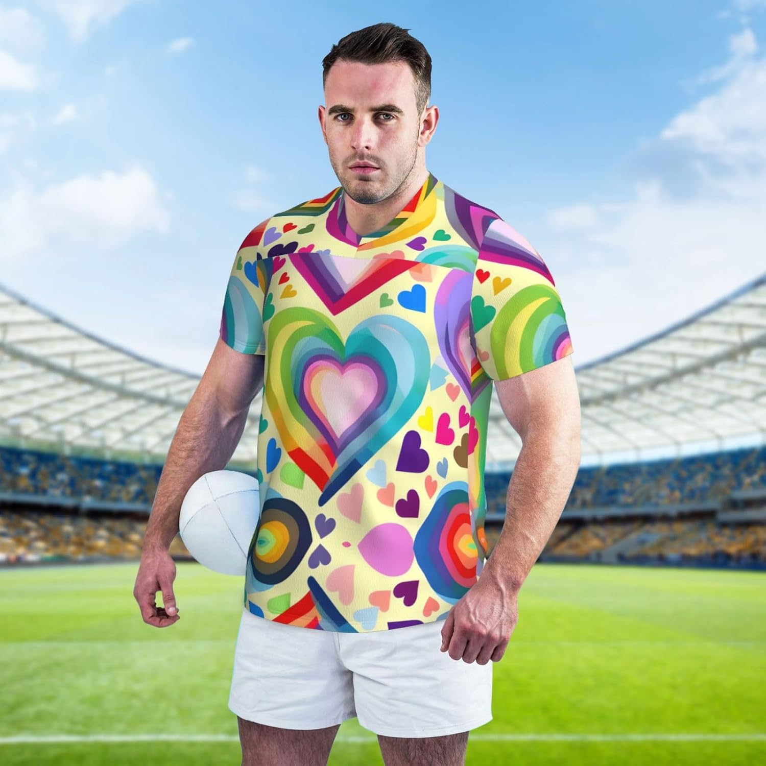 Hearts in Rainbow Colors Rugby Football Jersey for Men, Comfortable V-Neck Loose Fit Top for Team Sports Athletics