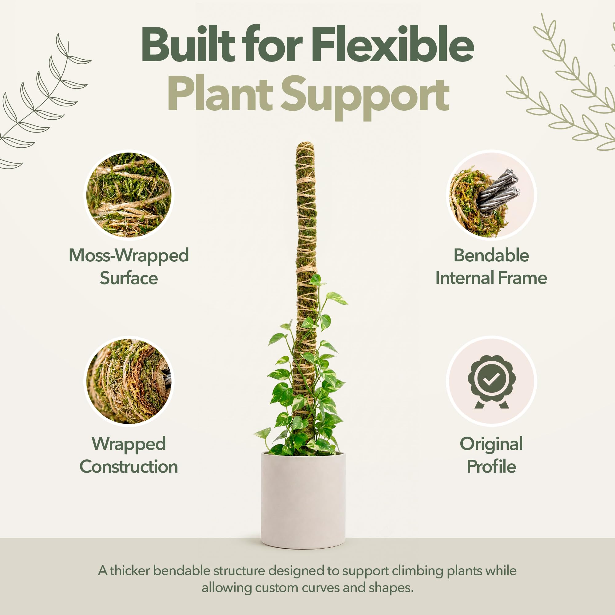 Mossify Poteau en mousse pliable de 137,2 cm pour plantes grimpantes d'intérieur – Poteau en mousse 100 % cultivée de manière durable pour croissance en intérieur – Support flexible fait à la main