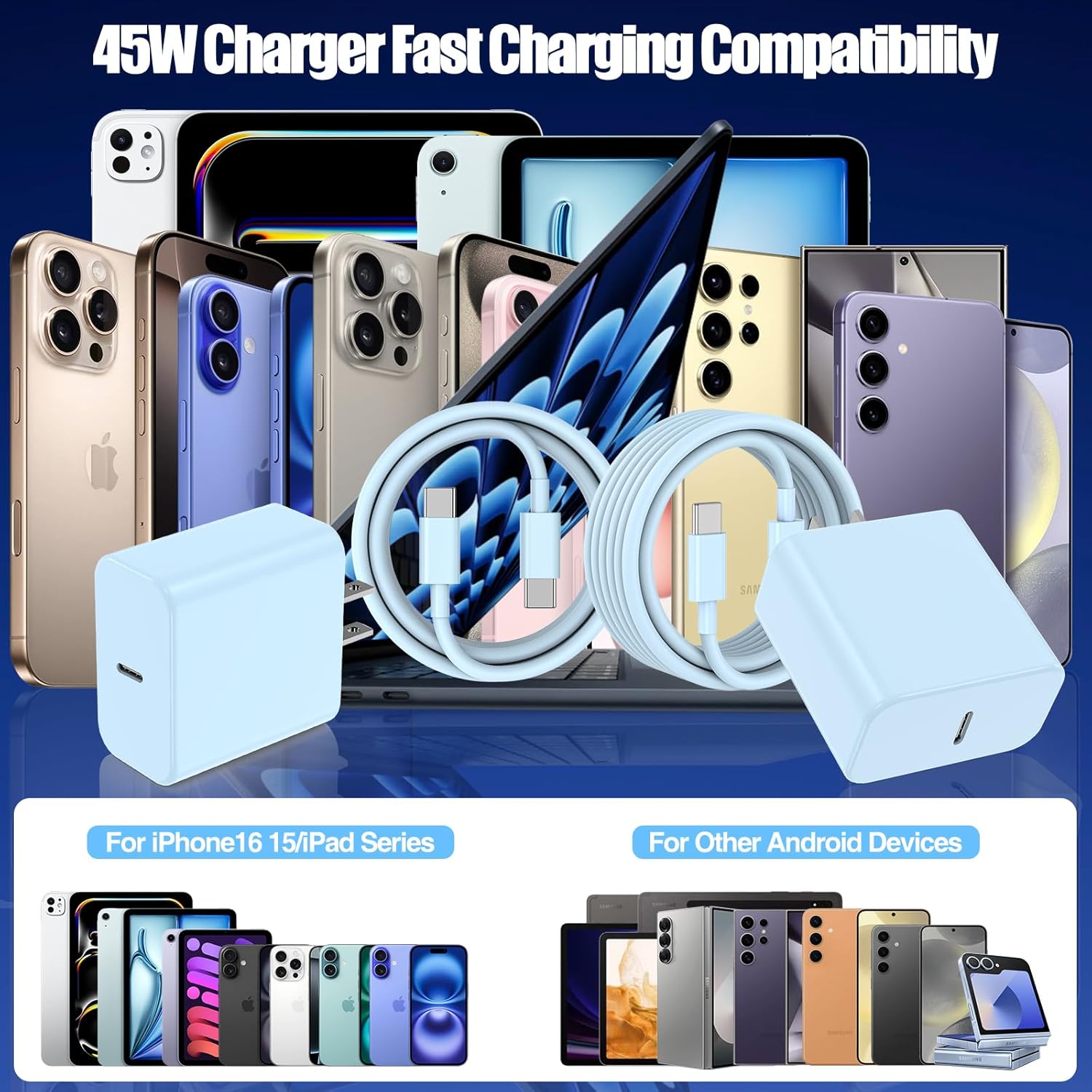 45W USB C Fast Charger for iPhone 17/ Air/16/15 Pro Max,2Pack 10FT Type C Charger Block & Cable, PD 3.0 Super Fast Charging for iPad Pro MacBook Air/Pro M1/M2, AirPods-Blue