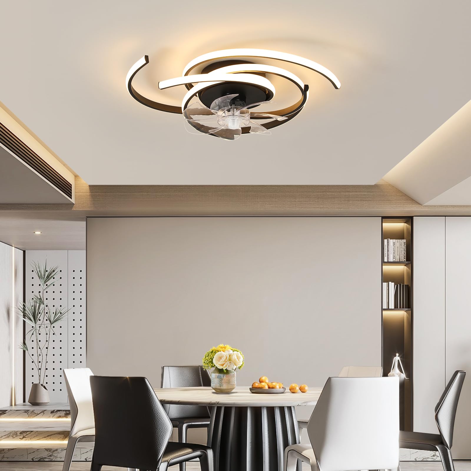 LED-Beleuchtung mit stummem Deckenventilator 45 W Deckenleuchte mit Ventilatorlicht, App und Fernbedienung, kreative Form Acrylschirm (weiß) Wohnzimmer Schlafzimmer Küche (weiß)