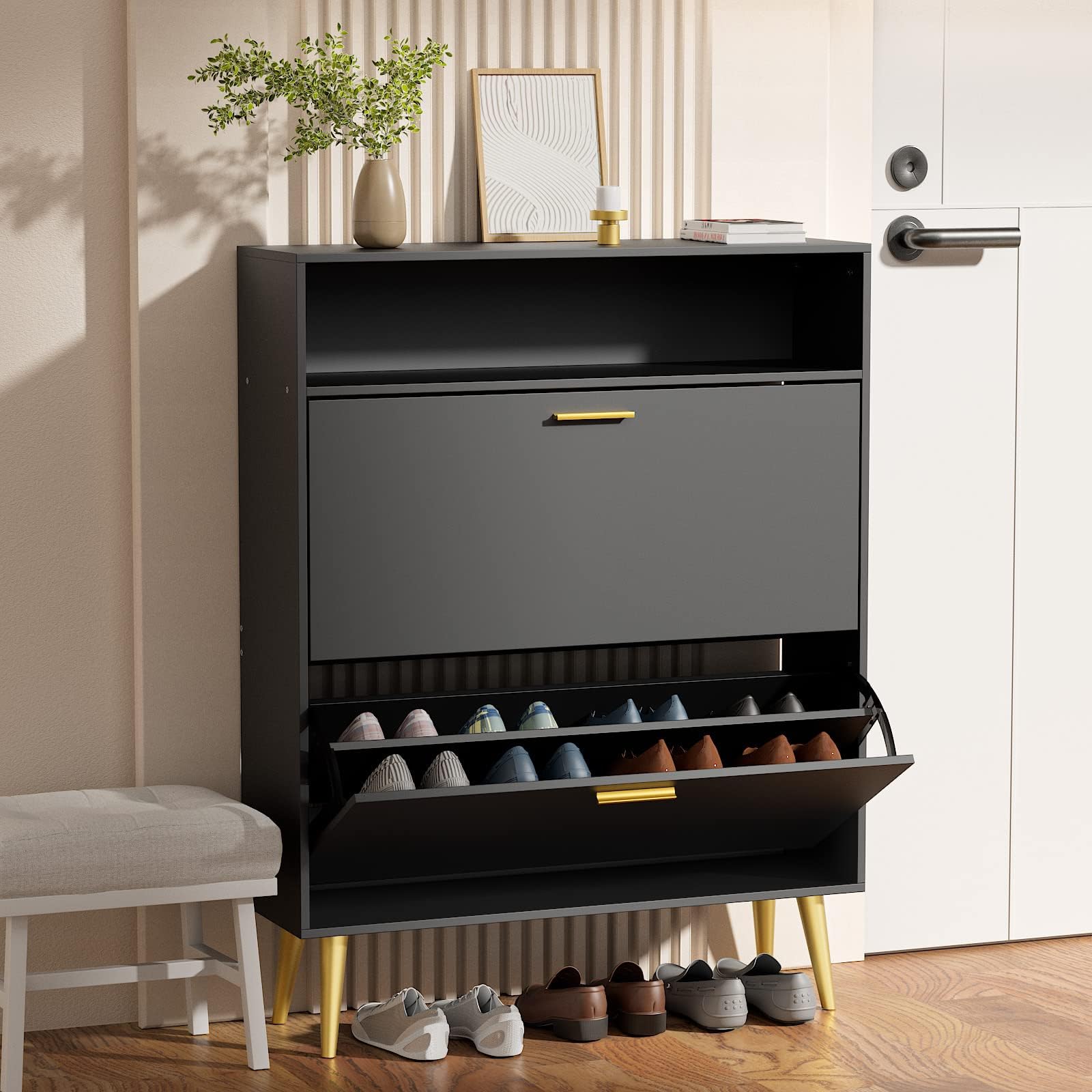 JOZZBY Shoe Cabinet for Entryway, Narrow Shoe Storage Cabinet with 2 Flip Drawers, Freestanding Hidden Shoe Rack Storage with Open Shelves for Hallway, Living Room